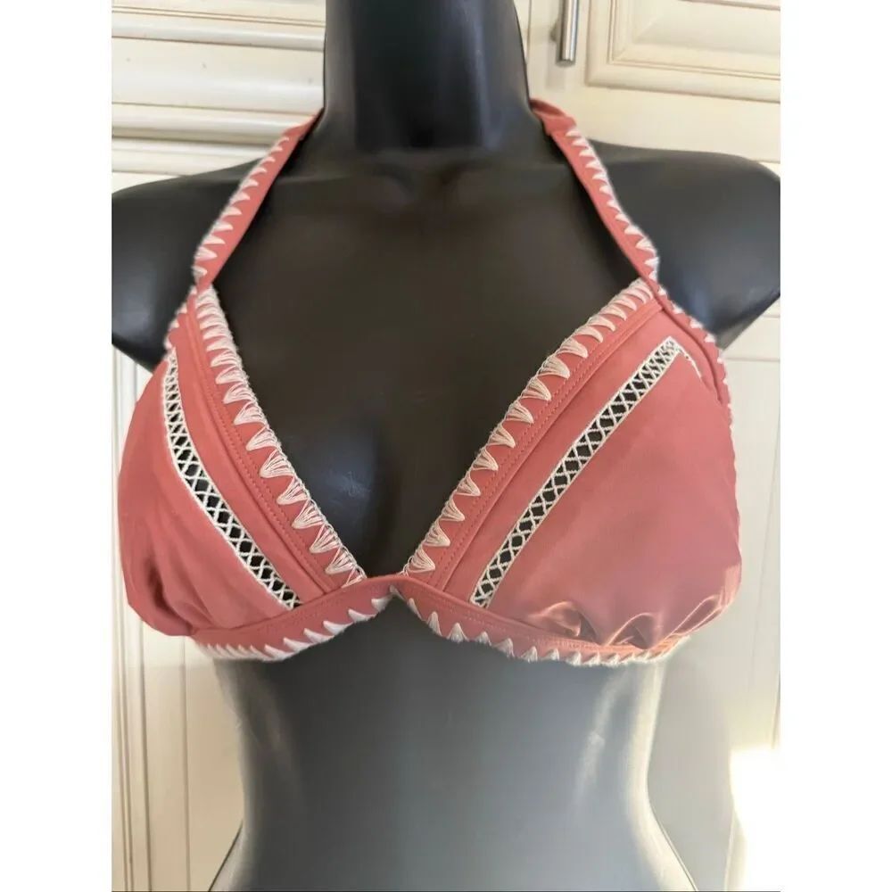 Women's Halter Tie Crochet Inset Triangle Bikini Top Orange Size Small/Medium